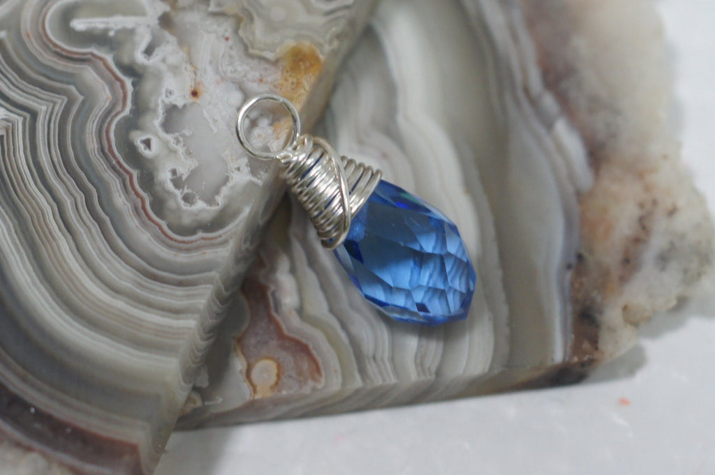 Wire Wrapped Blue Crystal Briolette Dangle: Silver Filled Pendant