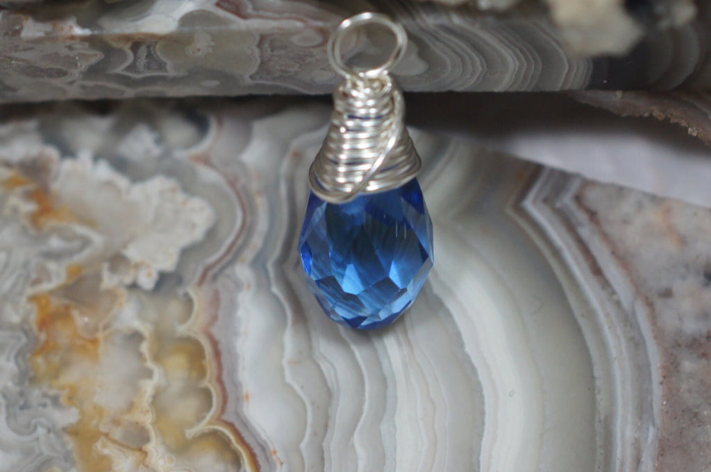 Wire Wrapped Blue Crystal Briolette Dangle: Silver Filled Pendant