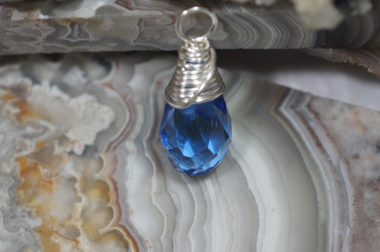 Wire Wrapped Blue Crystal Briolette Dangle: Silver Filled Pendant