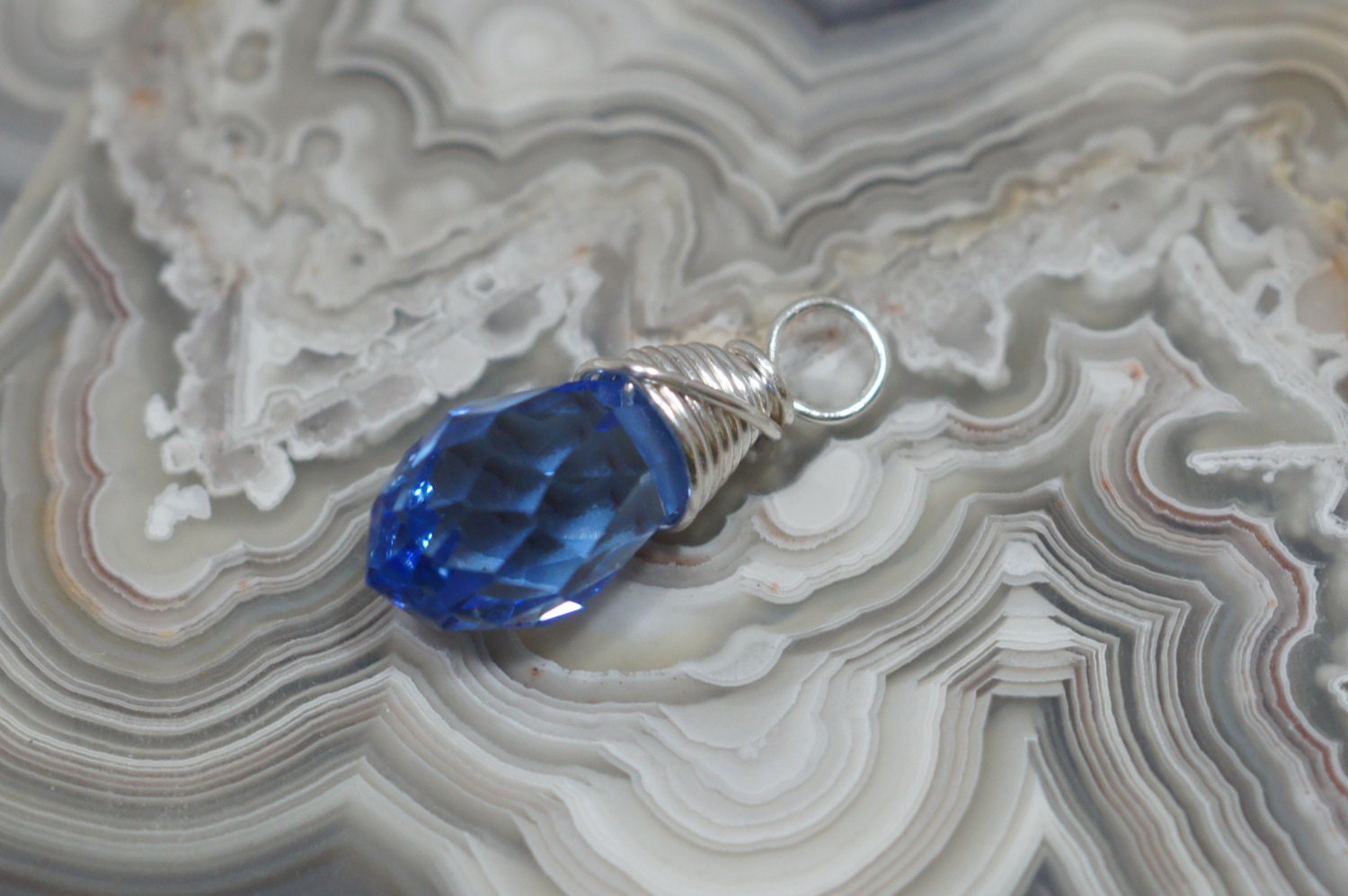 Wire Wrapped Blue Crystal Briolette Dangle: Silver Filled Pendant