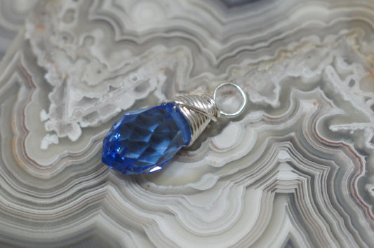 Wire Wrapped Blue Crystal Briolette Dangle: Silver Filled Pendant