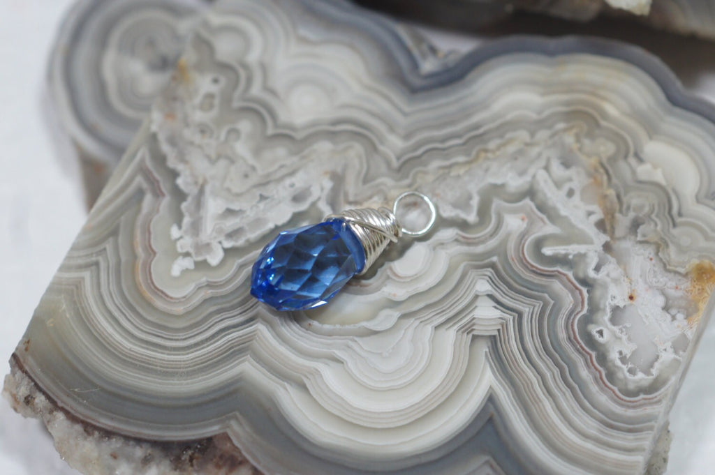 Wire Wrapped Blue Crystal Briolette Dangle: Silver Filled Pendant