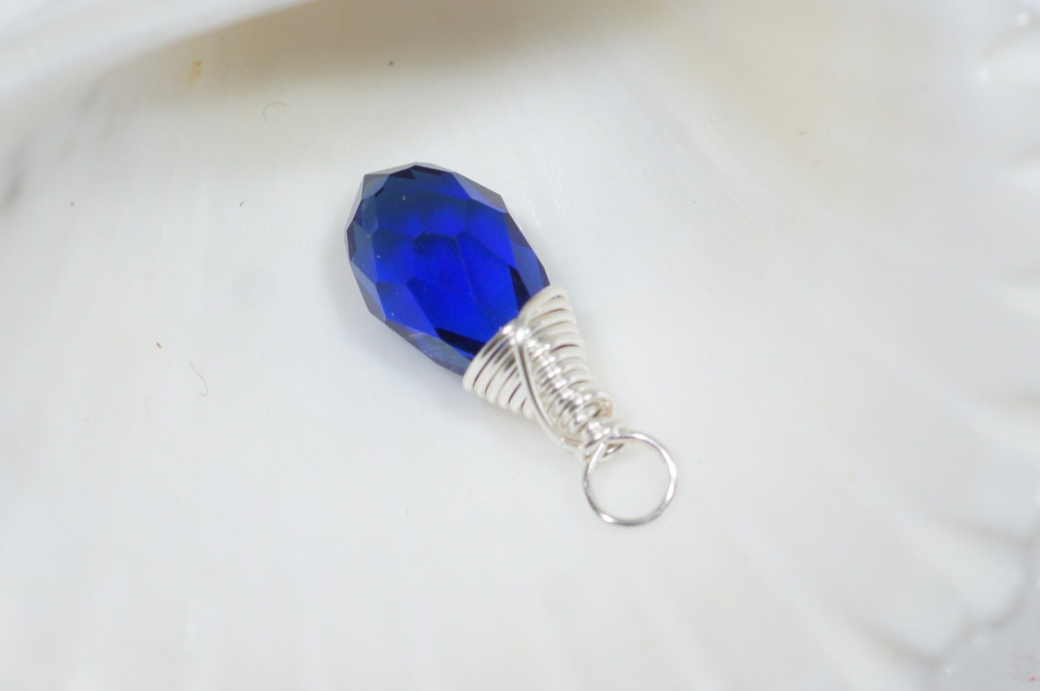 Blue Sapphire Glass Briolette Pendant: Wire Wrapped Drop Bead