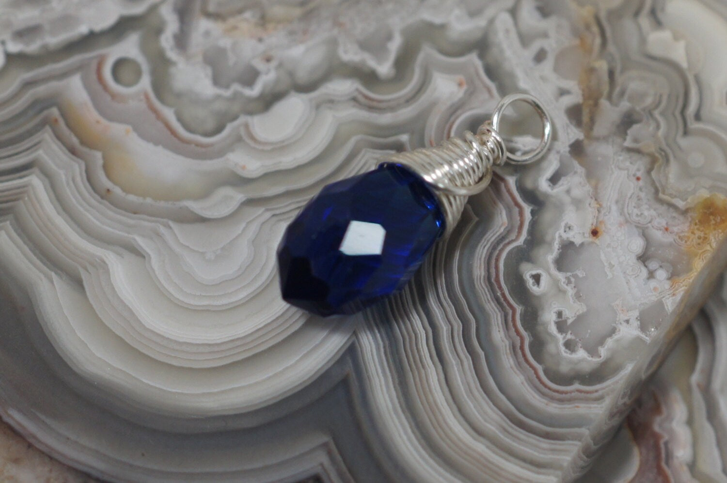 Blue Sapphire Glass Briolette Pendant: Wire Wrapped Drop Bead