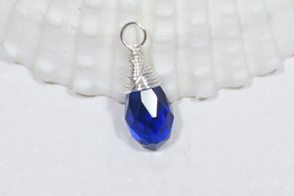 Blue Sapphire Glass Briolette Pendant: Wire Wrapped Drop Bead