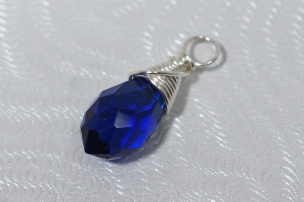 Blue Sapphire Glass Briolette Pendant: Wire Wrapped Drop Bead