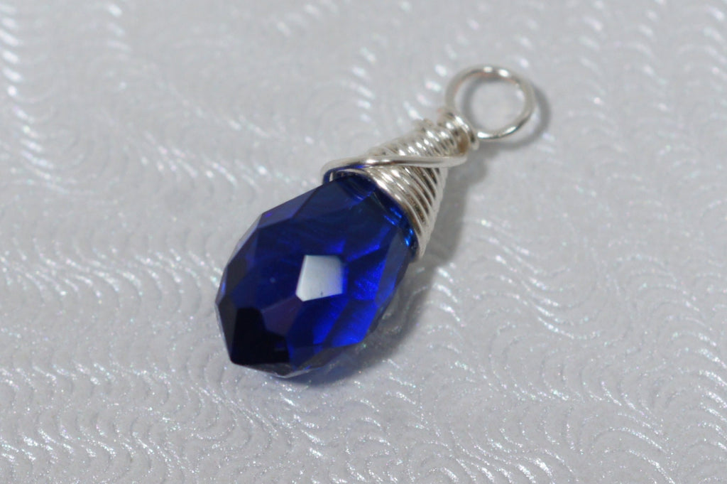 Blue Sapphire Glass Briolette Pendant: Wire Wrapped Drop Bead