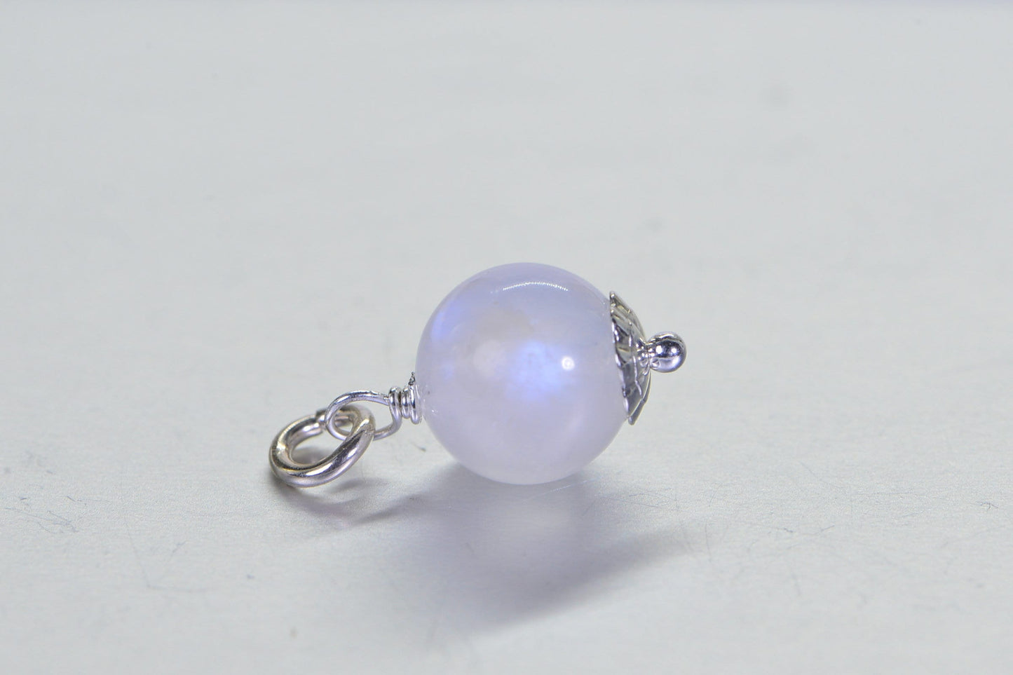 AAA Moonstone Charm: Sterling Silver Wire Wrapped 8mm Bead