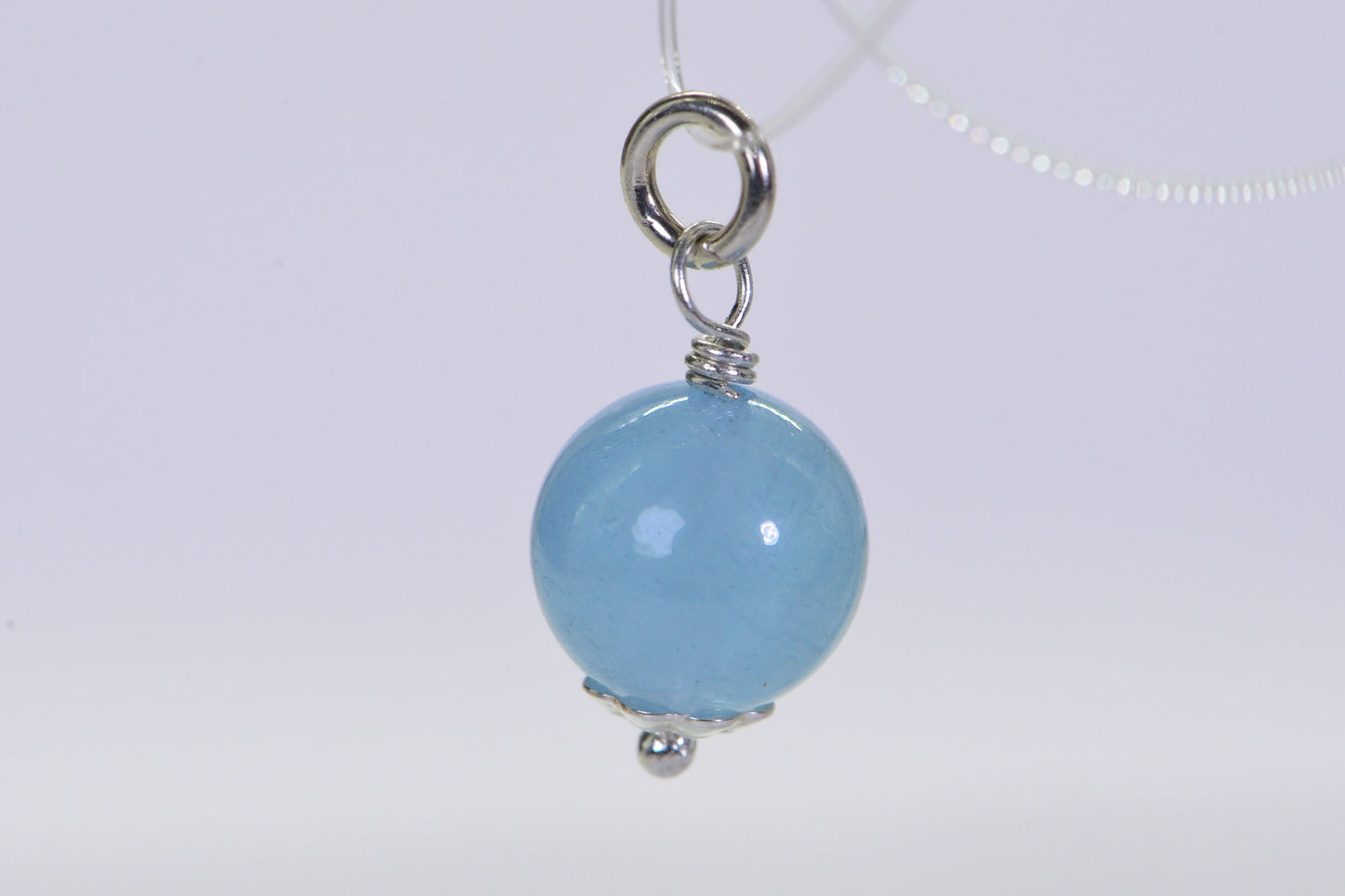 AAA Aquamarine Bead: Sterling Silver Wire Wrapped Charm (8mm)