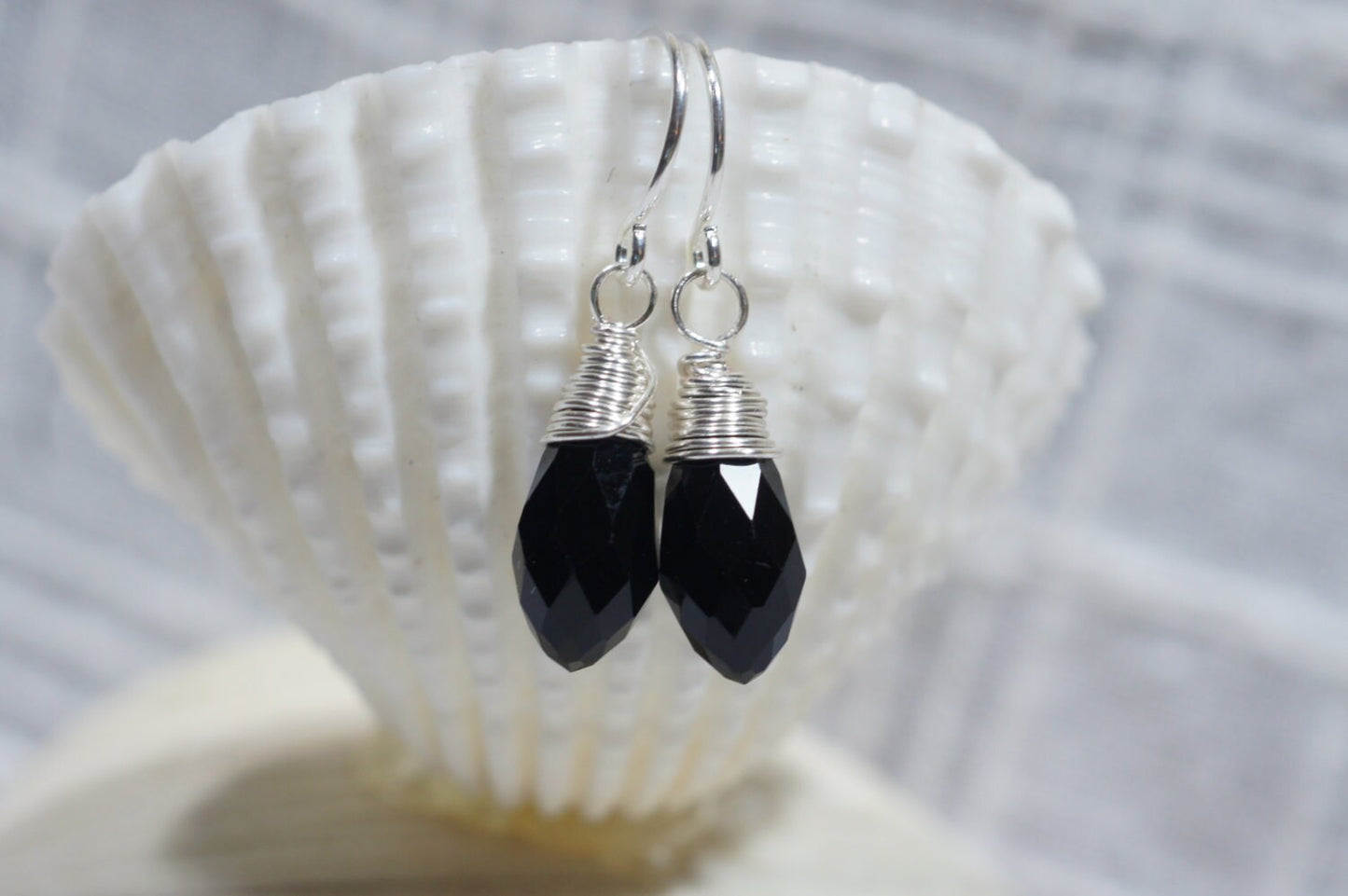 Black Glass Briolette Earrings, Silver Wire Wrapped Dangle