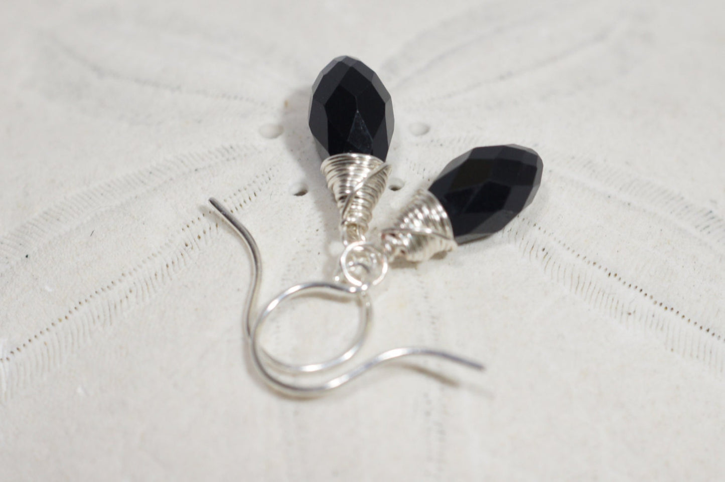 Black Glass Briolette Earrings, Silver Wire Wrapped Dangle