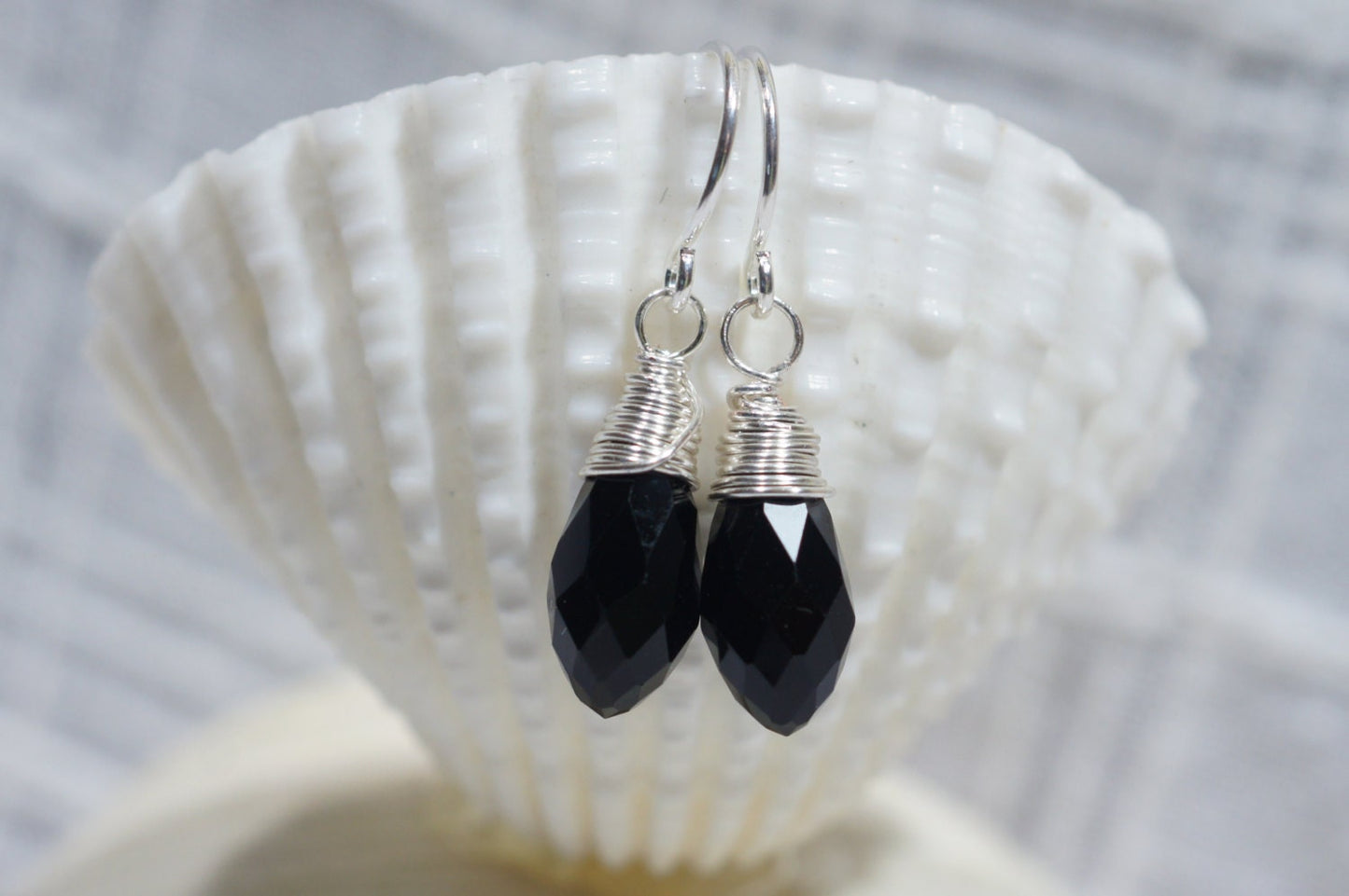 Black Glass Briolette Earrings, Silver Wire Wrapped Dangle
