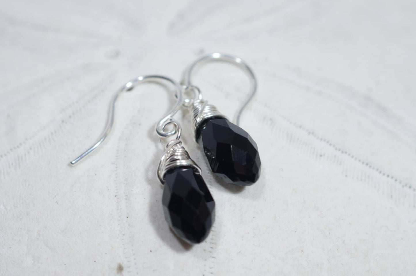 Black Glass Briolette Earrings, Silver Wire Wrapped Dangle