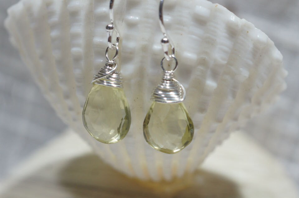 Lemon Quartz Drop Earrings, Sterling Silver Wire Wrapped Gemstone