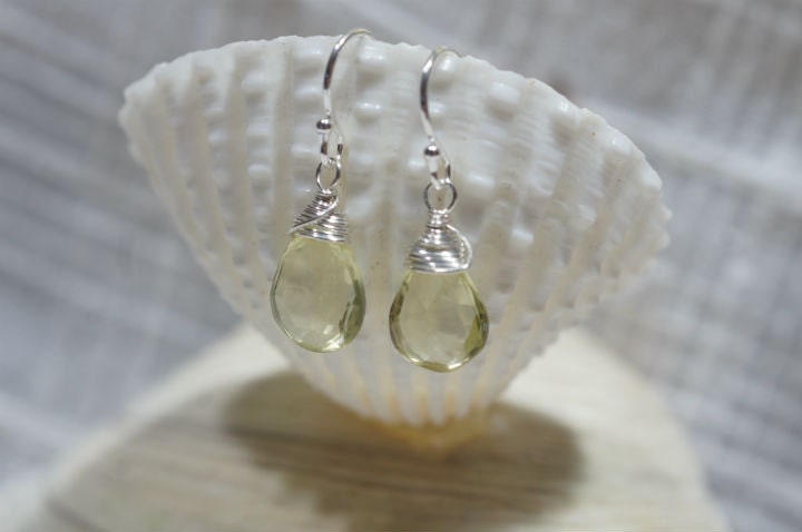 Lemon Quartz Drop Earrings, Sterling Silver Wire Wrapped Gemstone