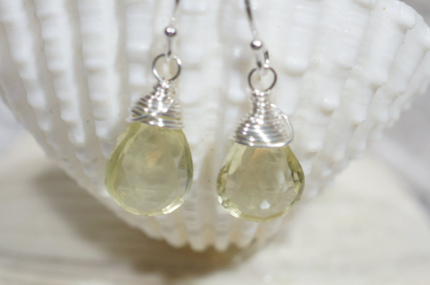 Lemon Quartz Drop Earrings, Sterling Silver Wire Wrapped Gemstone