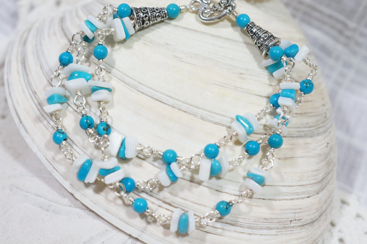 Turquoise & Shell Silver Wire Wrap Bracelet