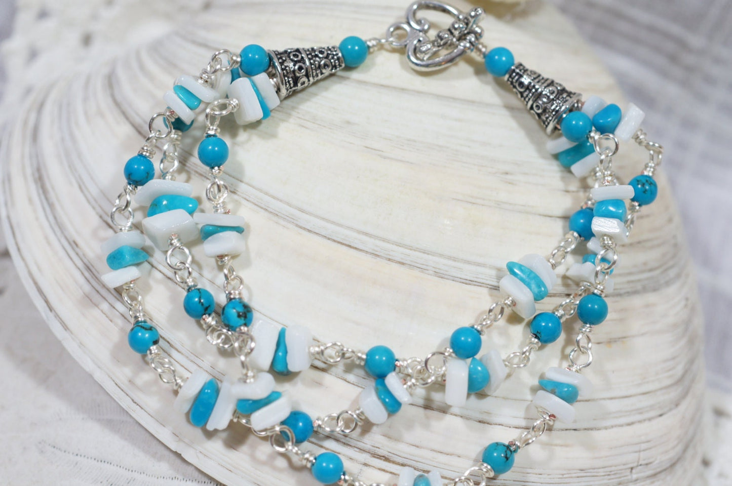 Turquoise & Shell Silver Wire Wrap Bracelet
