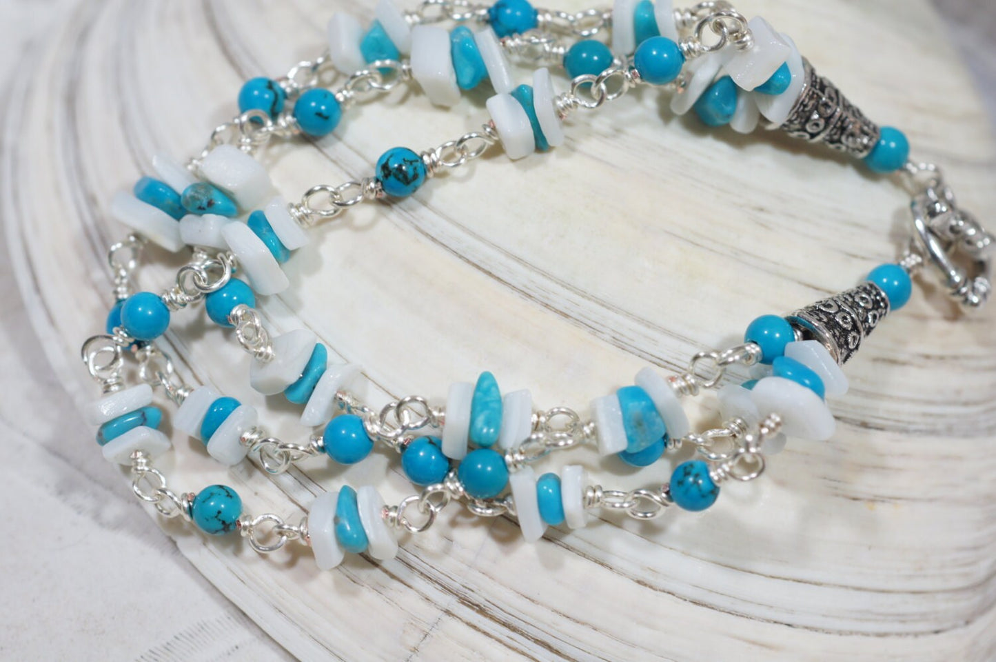 Turquoise & Shell Silver Wire Wrap Bracelet