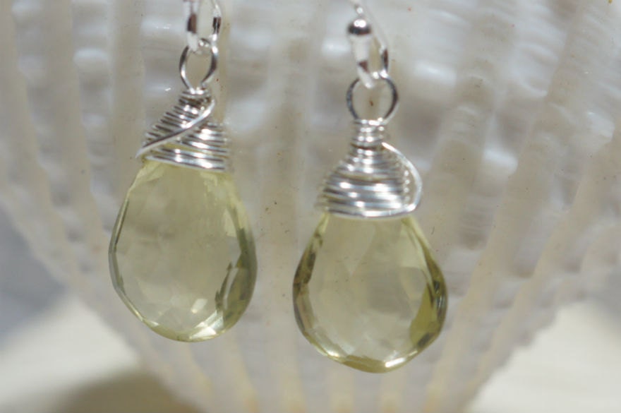 Lemon Quartz Drop Earrings, Sterling Silver Wire Wrapped Gemstone