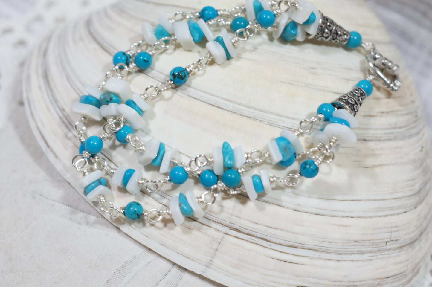 Turquoise & Shell Silver Wire Wrap Bracelet