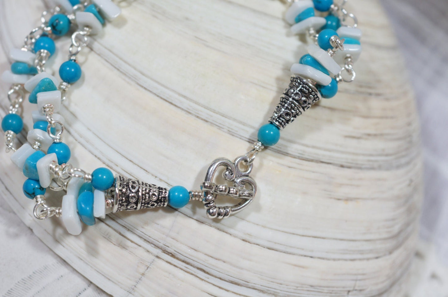Turquoise & Shell Silver Wire Wrap Bracelet