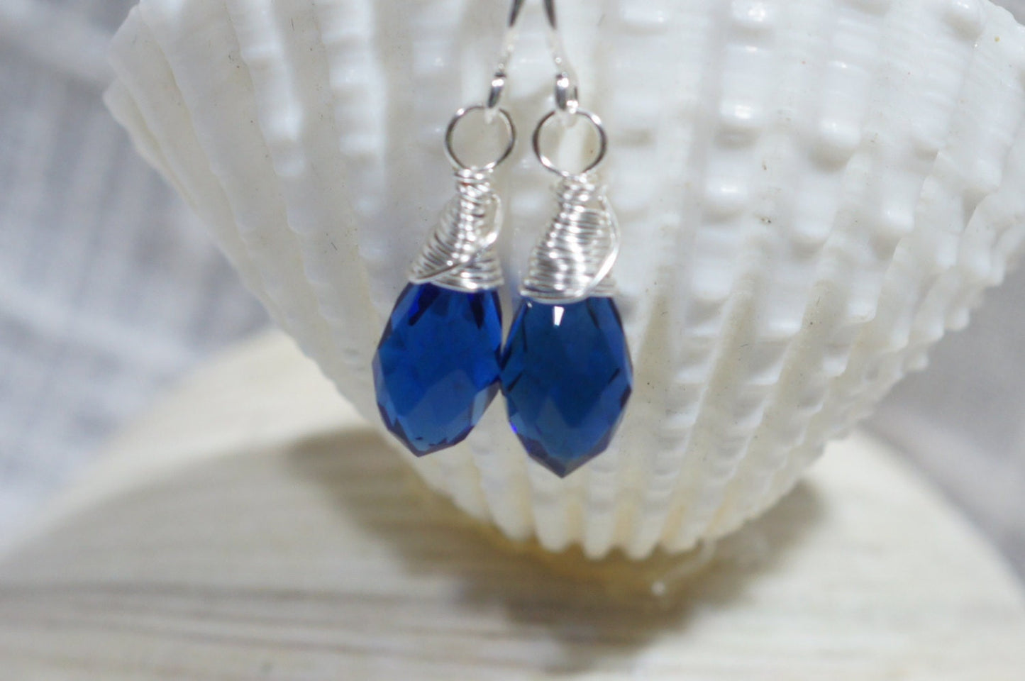 Sapphire Drop Earrings Crystal Glass Earrings Sterling Silver Wire Wrap