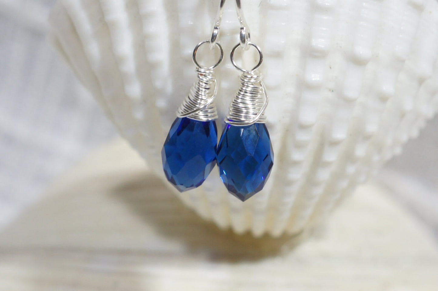Sapphire Drop Earrings Crystal Glass Earrings Sterling Silver Wire Wrap