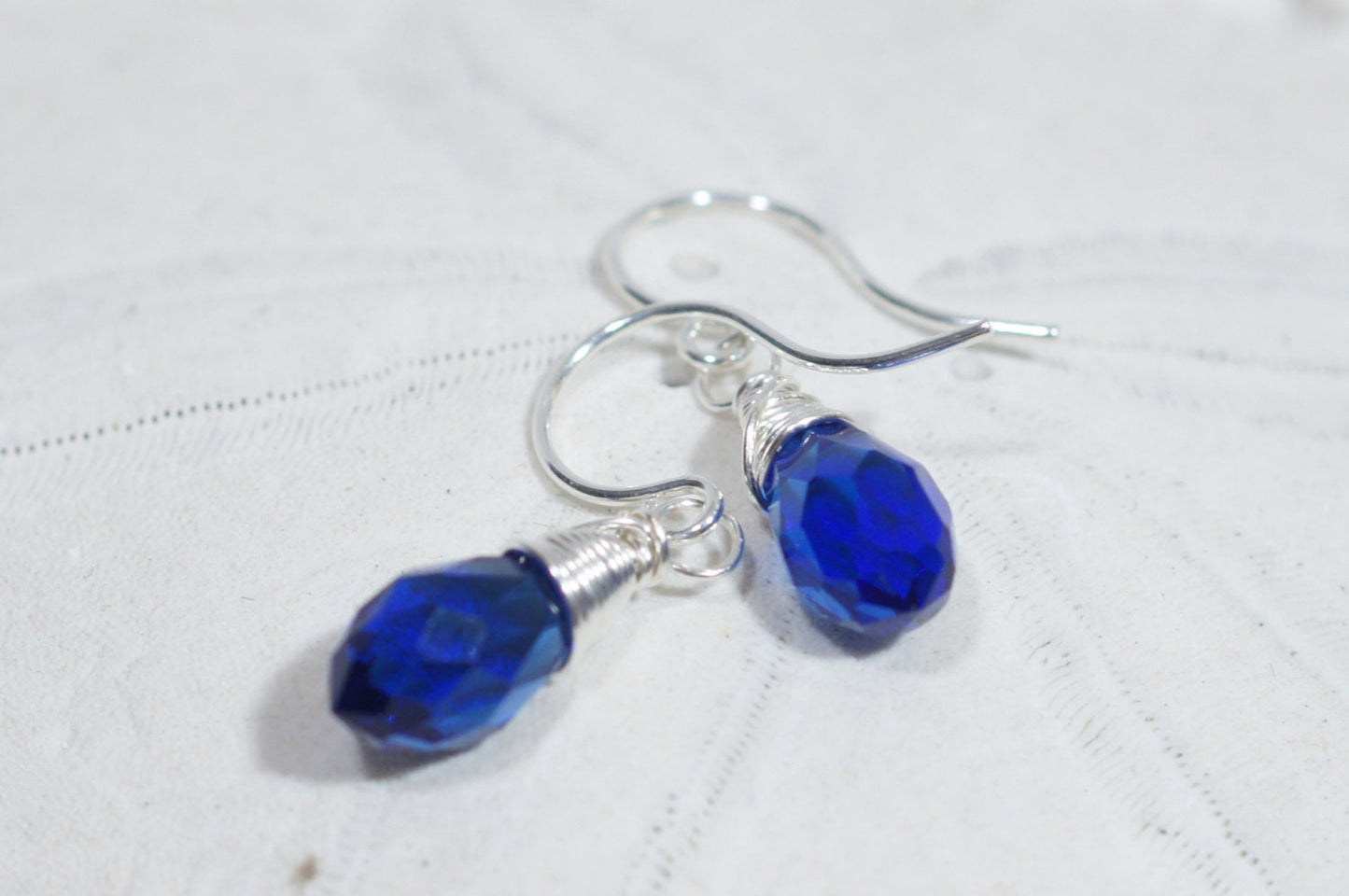 Sapphire Drop Earrings Crystal Glass Earrings Sterling Silver Wire Wrap