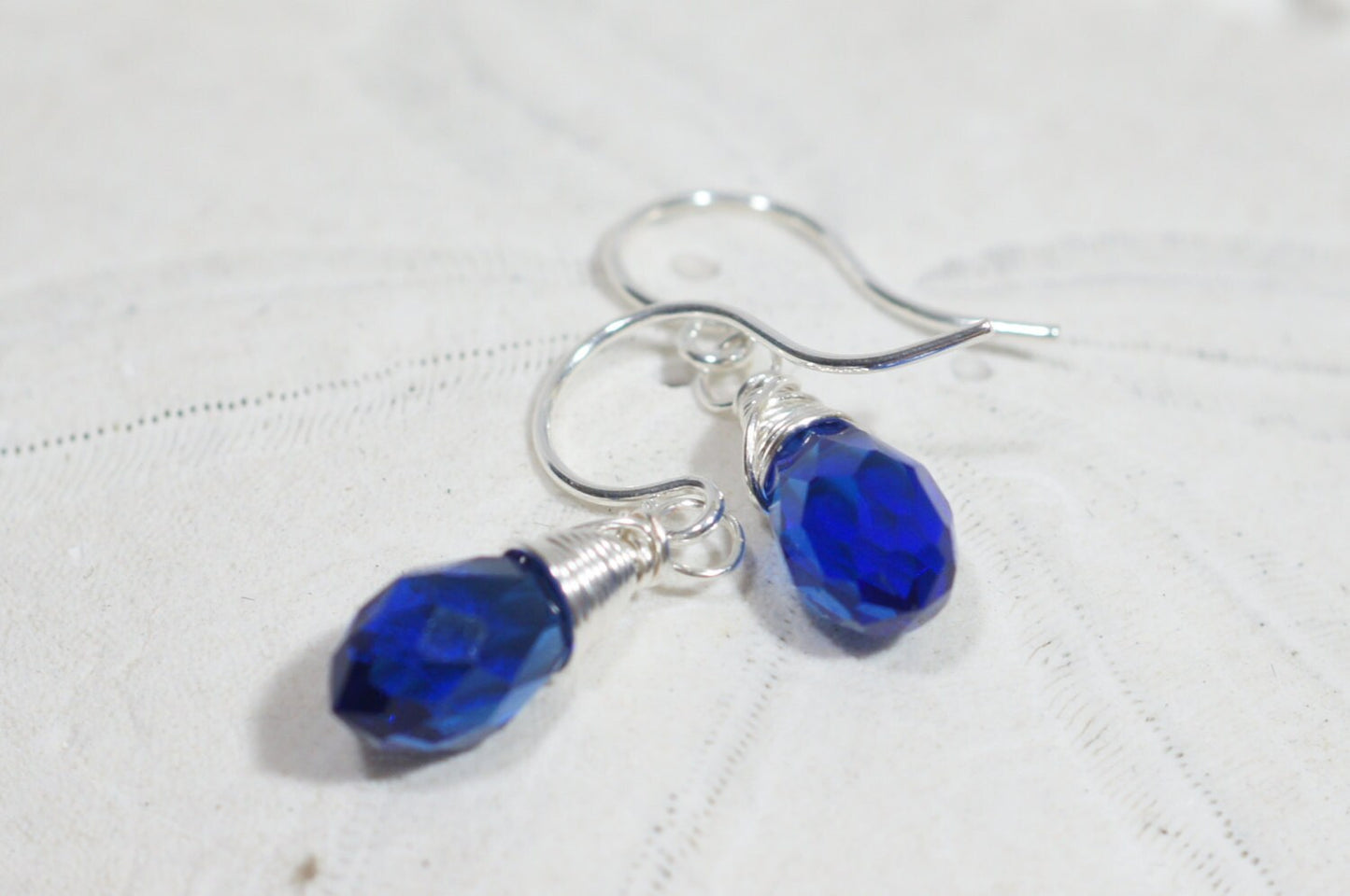 Sapphire Drop Earrings Crystal Glass Earrings Sterling Silver Wire Wrap