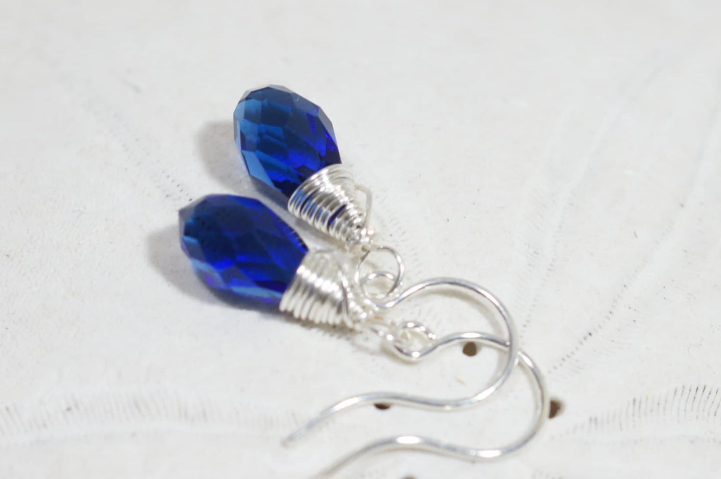 Sapphire Drop Earrings Crystal Glass Earrings Sterling Silver Wire Wrap