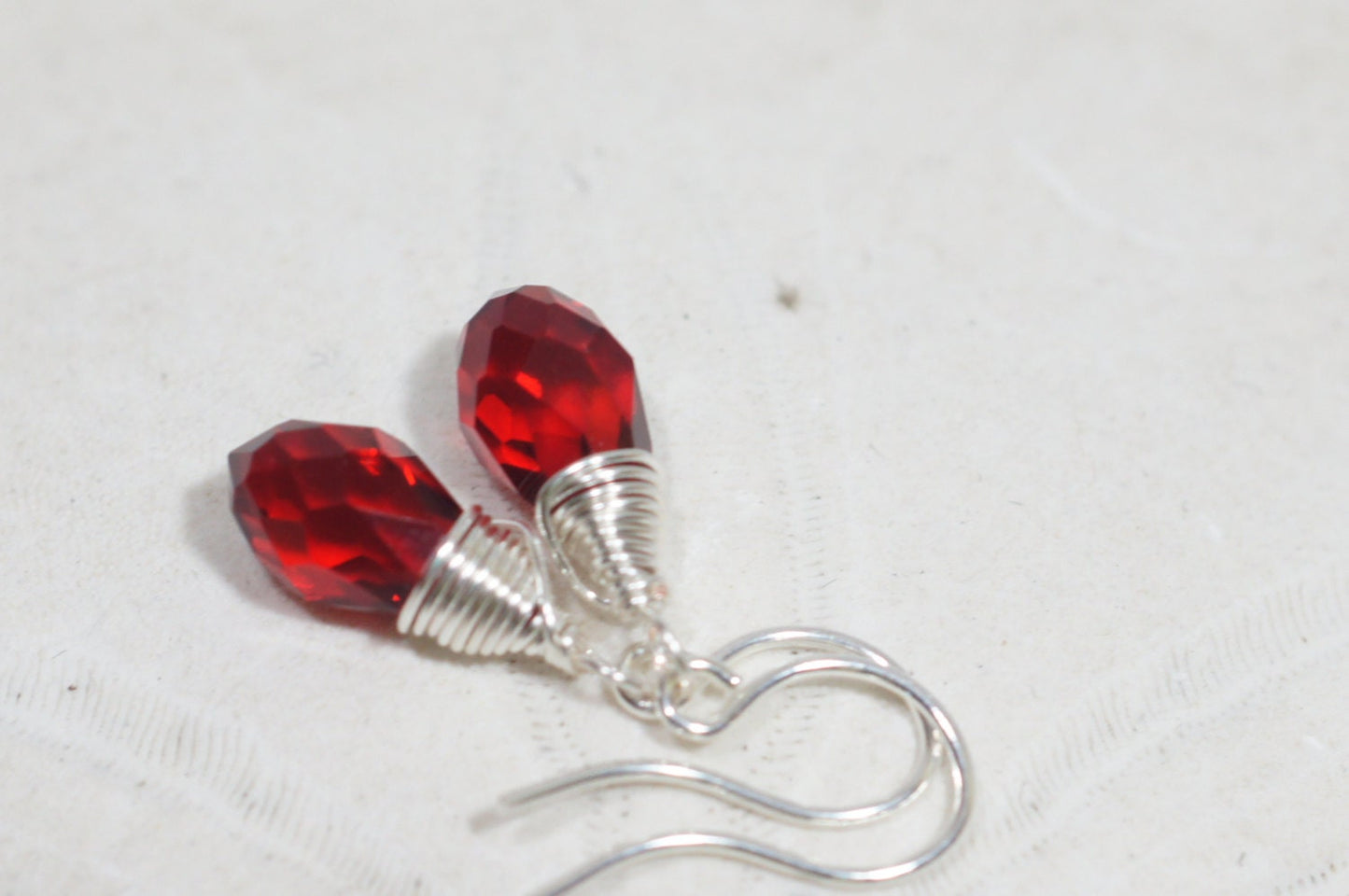 Poppy Red Briolette Earrings, Silver Plated Dangle Earrings