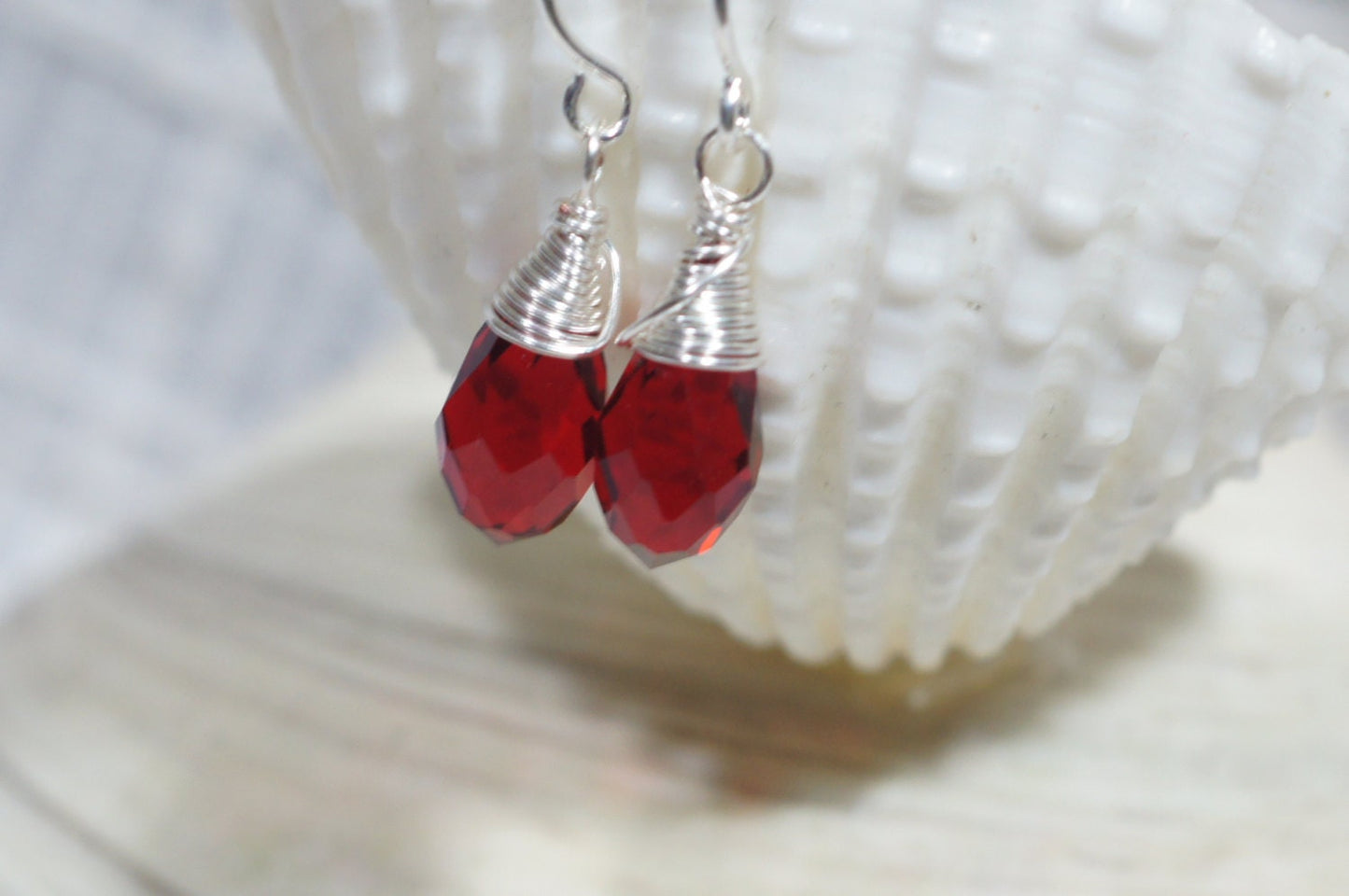 Poppy Red Briolette Earrings, Silver Plated Dangle Earrings