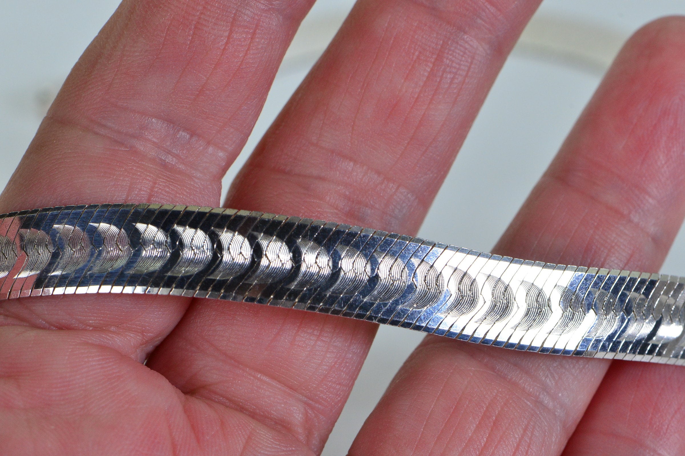 Vintage Sterling Silver Flat Herringbone Chain Necklace - Unisex Italian Design