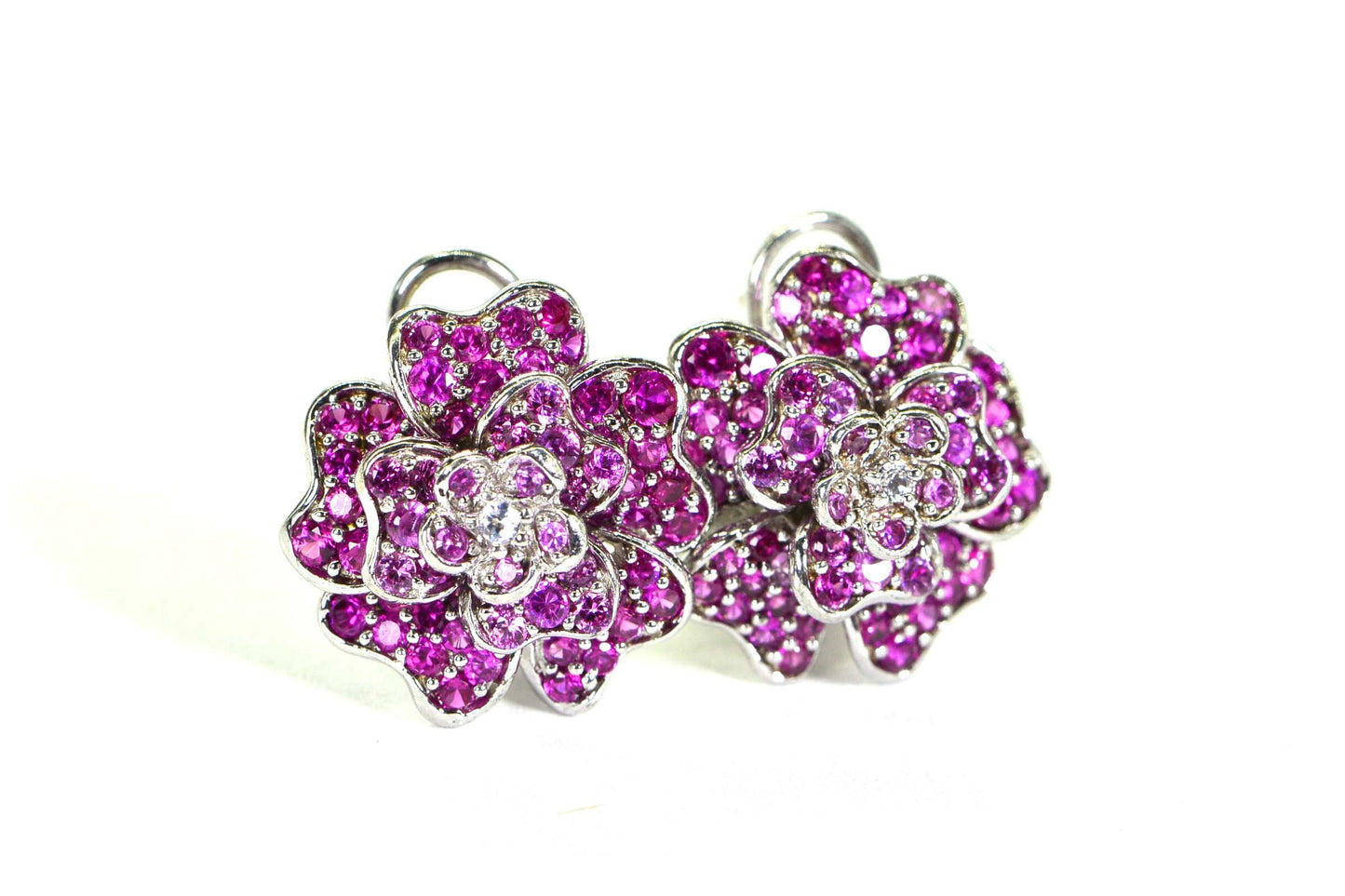 Floral Pink Sapphire Earrings: Diamond Accent, 14K White Gold Over Sterling Silver