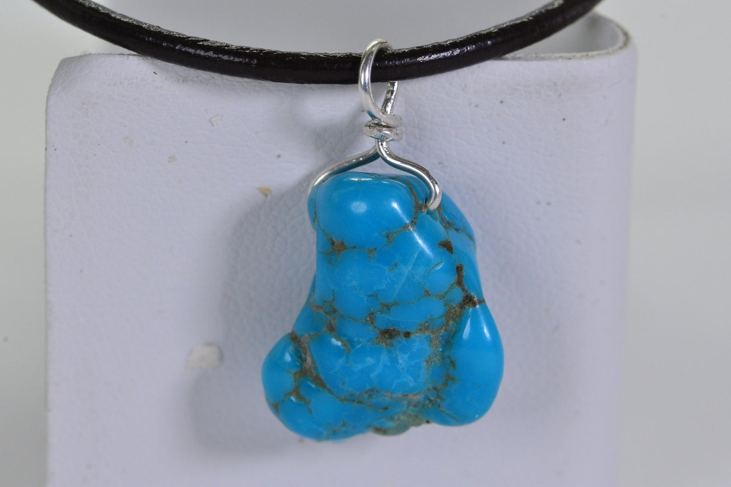 Arizona Turquoise Nugget Pendant: Sterling Silver Wire Wrapped Leather Necklace