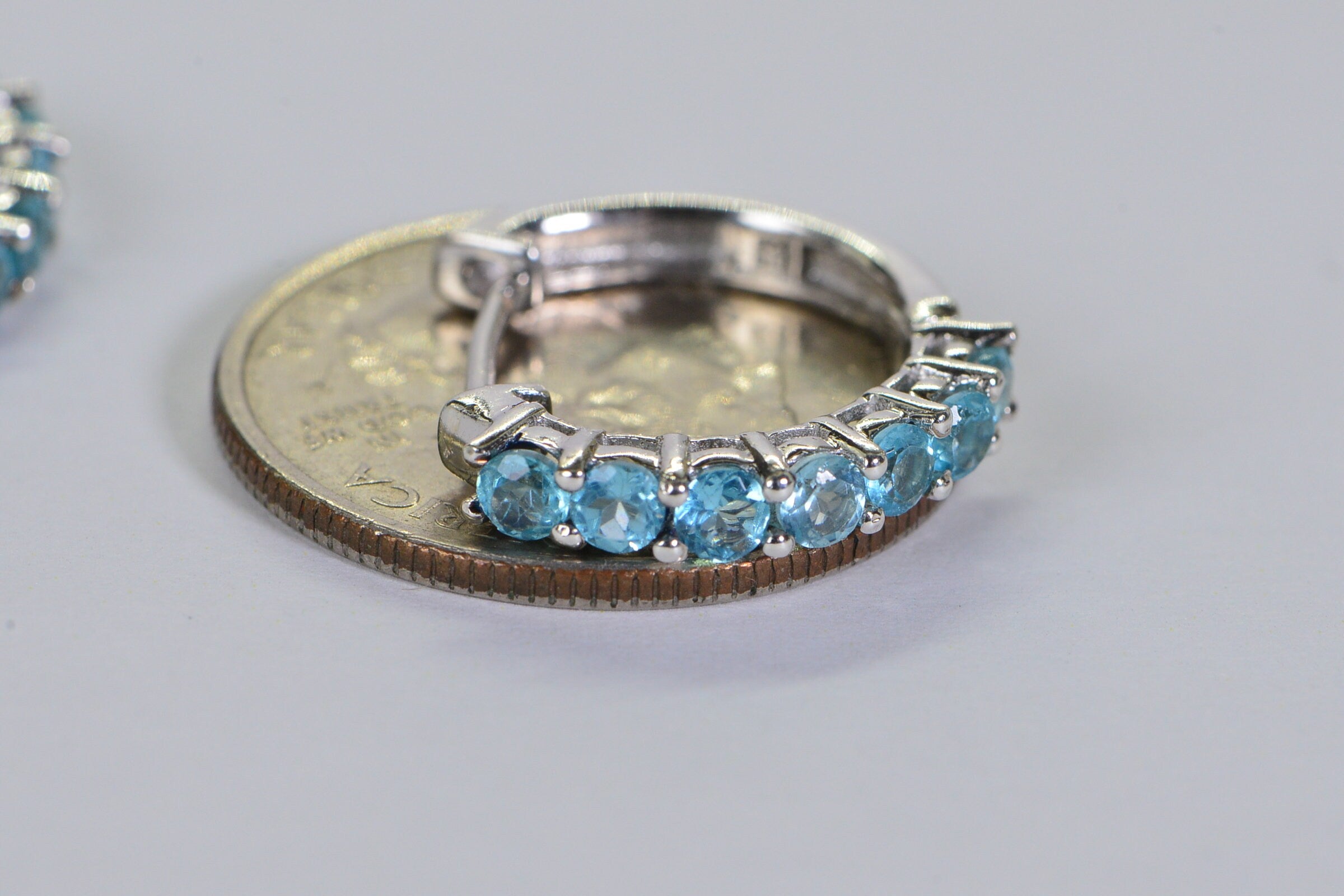 Aquamarine Sterling Silver Hoop Earrings: March Birthstone, 3/4 inch
