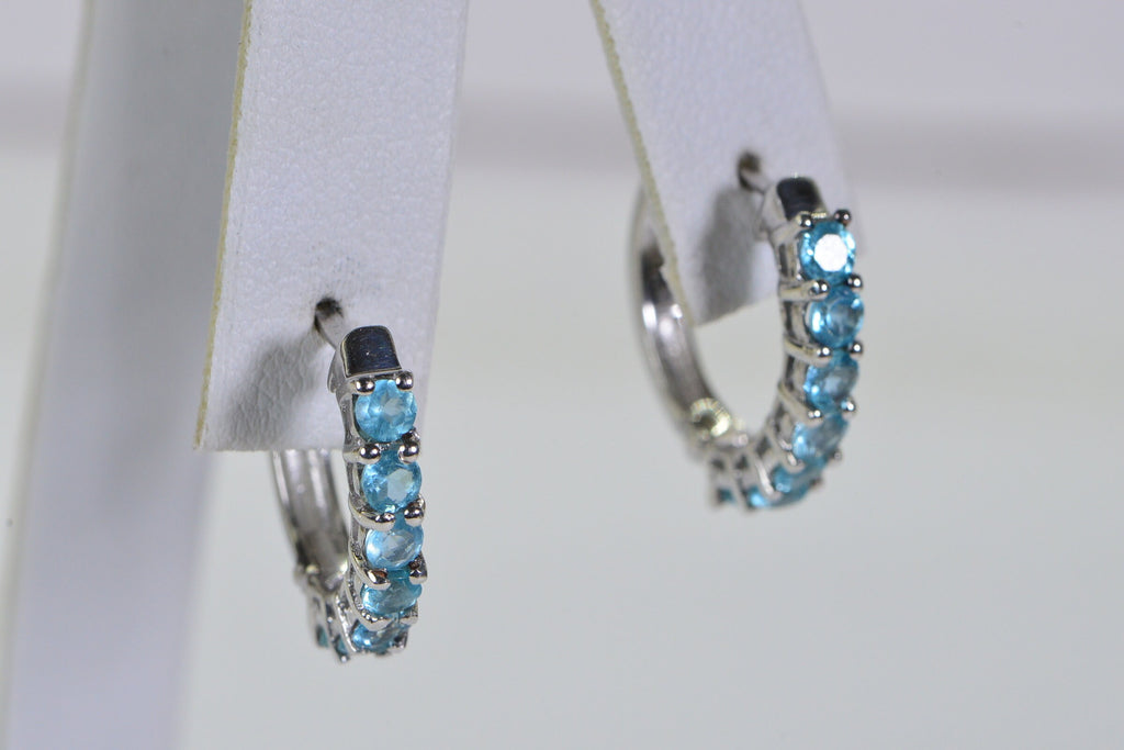 Aquamarine Sterling Silver Hoop Earrings: March Birthstone, 3/4 inch