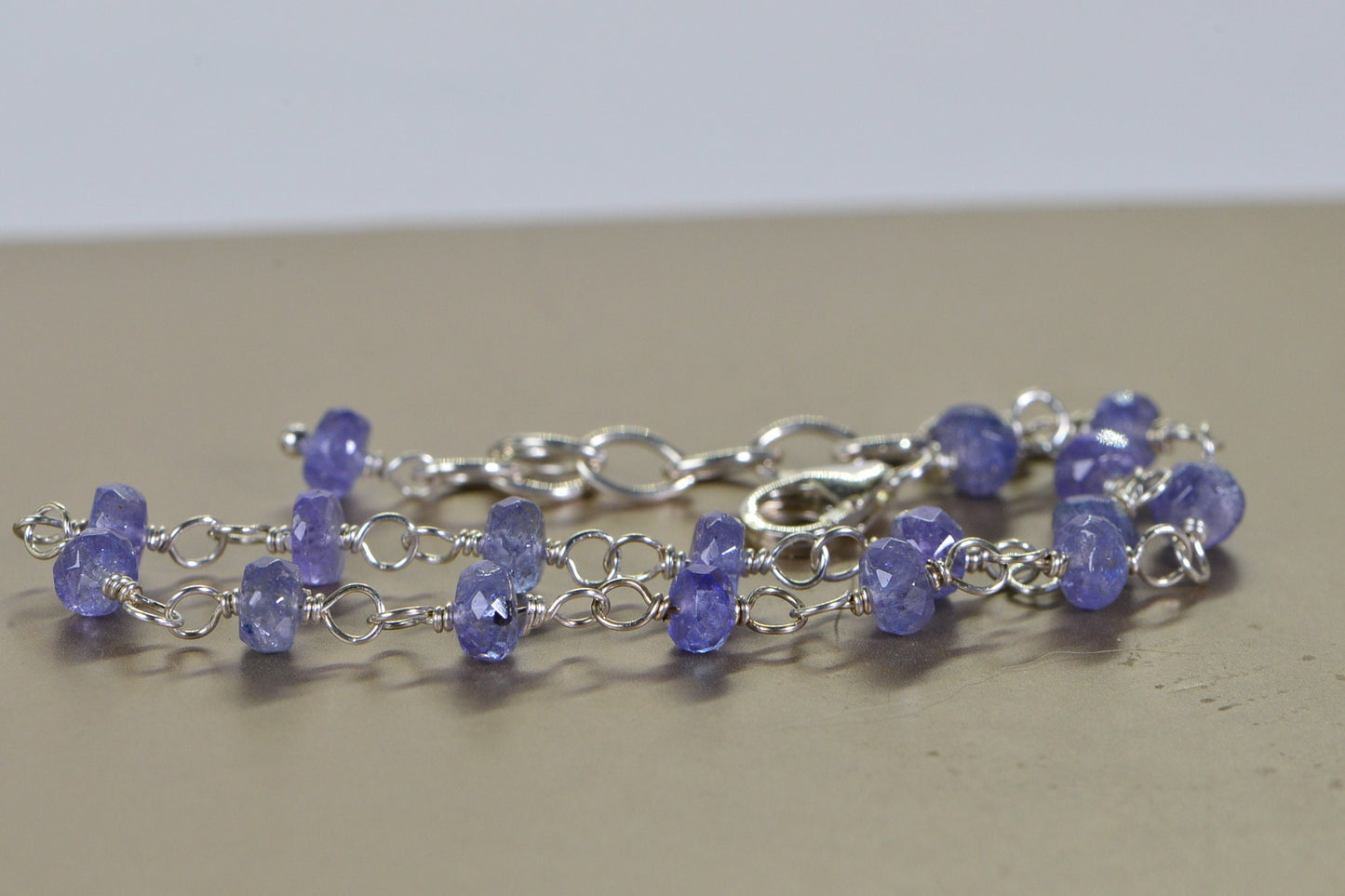 Handmade Tanzanite Bracelet: Delicate Sterling Silver Wire-Wrapped Chain