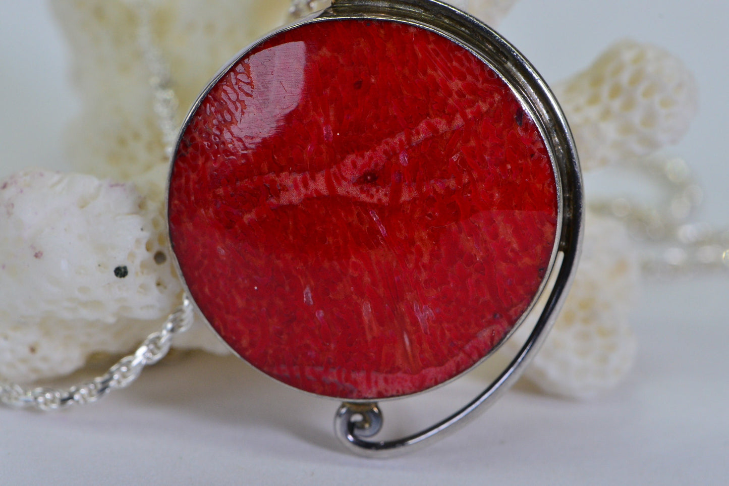 Bamboo Red Coral Circle Pendant  Necklace Sterling Silver Bezel set Round Shape Coral