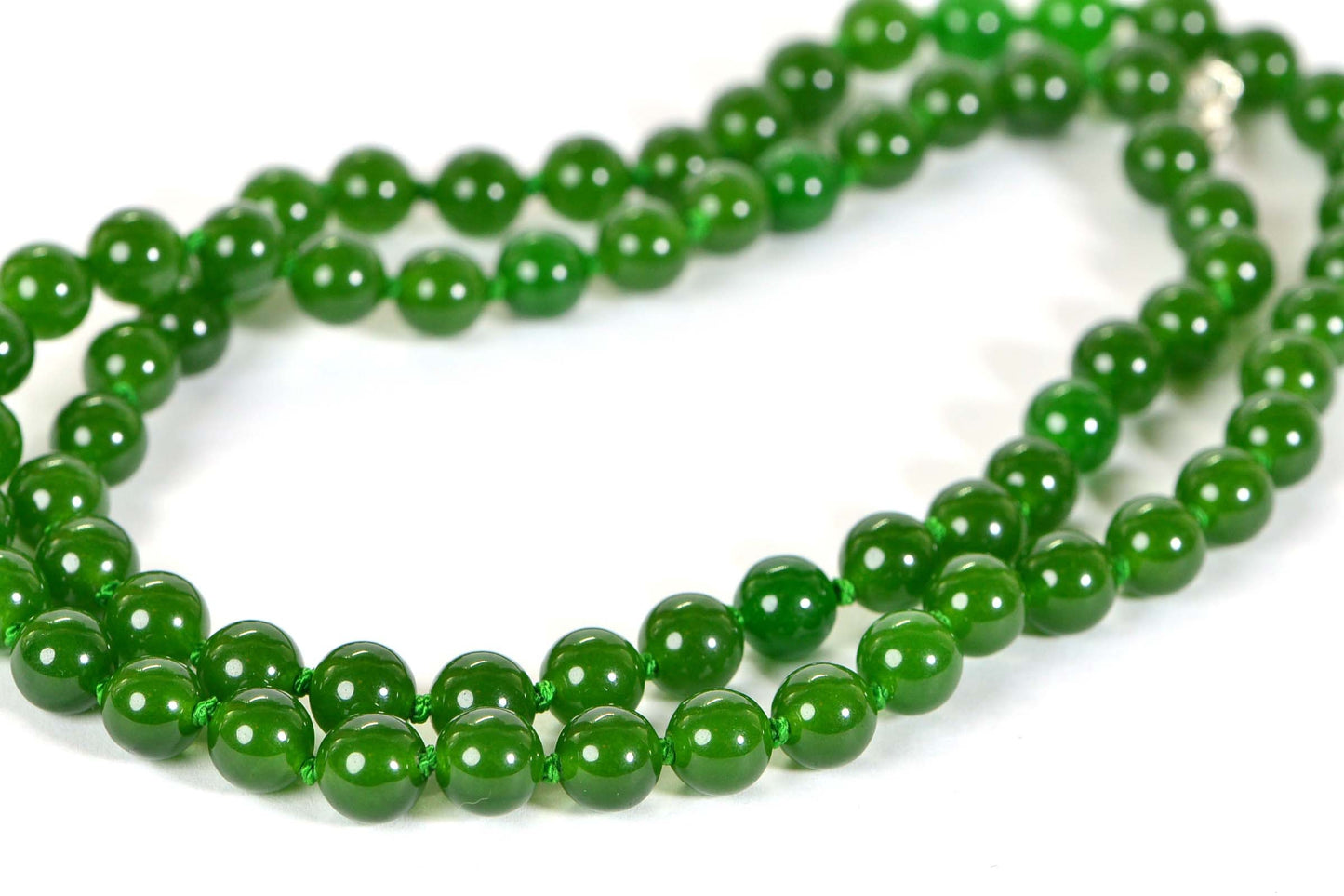 Hand-Knotted Green Jade Mala Necklace: Burma Gemstone, 26 inch 8mm Stones