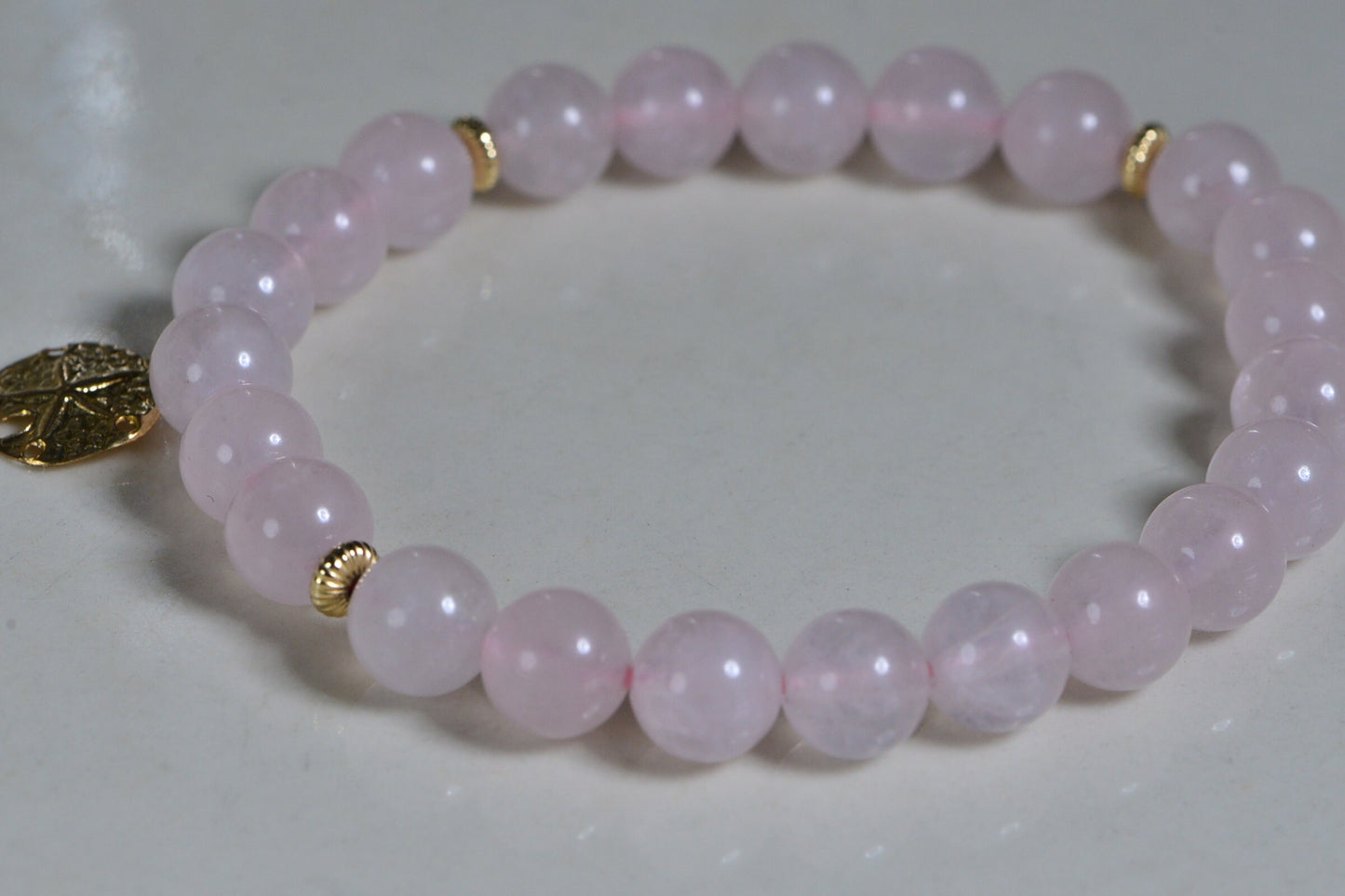 Rose Quartz Bracelet: 8mm Beads, 14K Gold Sand Dollar Charm