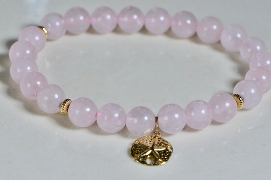 Rose Quartz Bracelet: 8mm Beads, 14K Gold Sand Dollar Charm