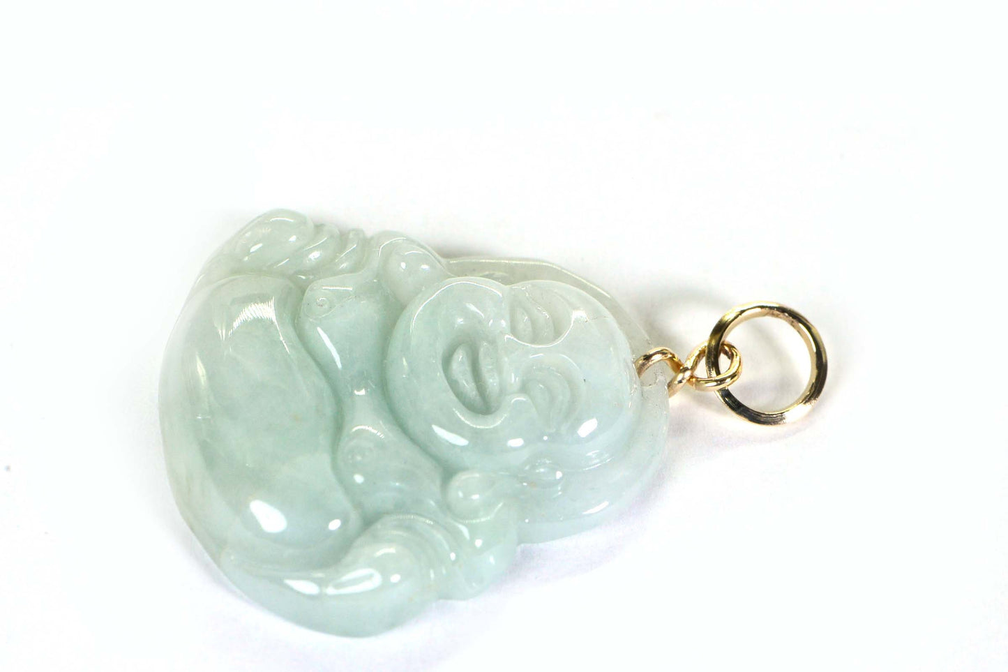 Burmese Jade Laughing Buddha Pendant: 14K Gold, Ice Green Carving