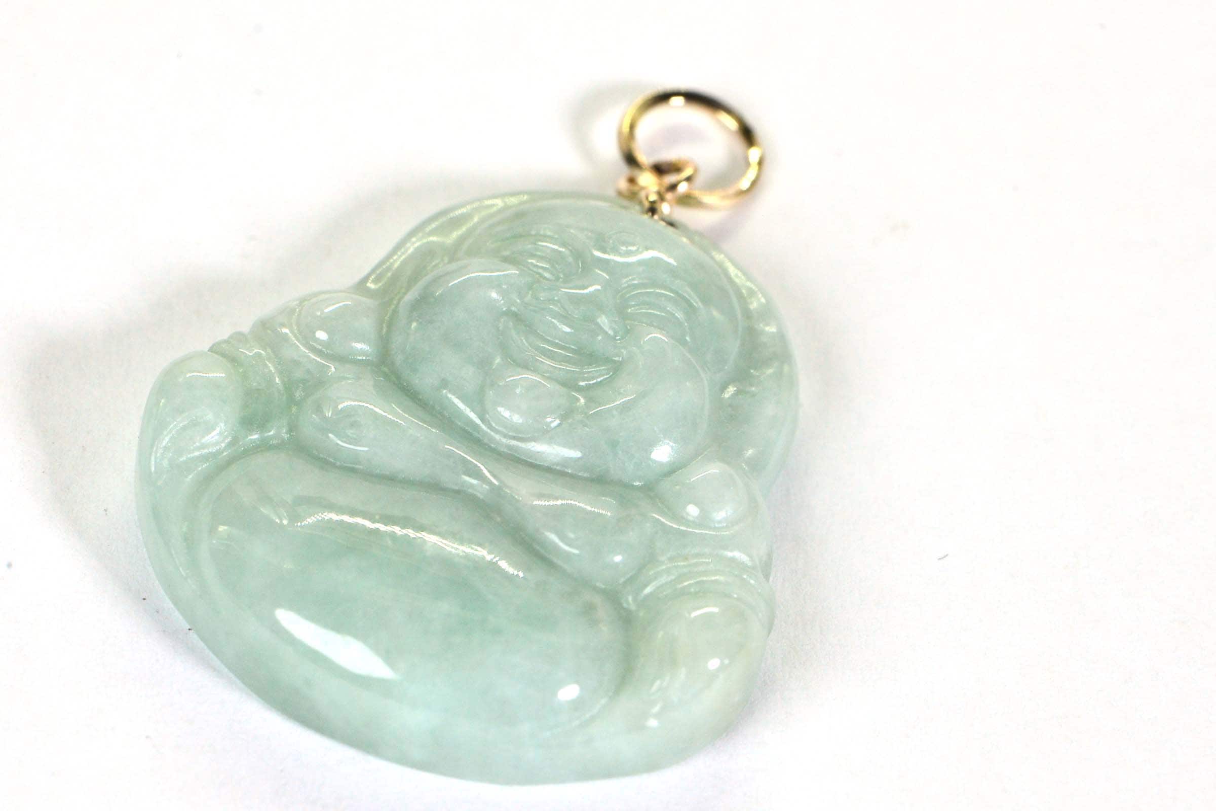Carved Jade Buddha Pendant: 14K Gold, Burmese Jadeite