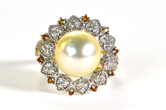 11mm South Sea Golden Pearl Ring: 14K Yellow Gold Vermeil, CZ & Topaz