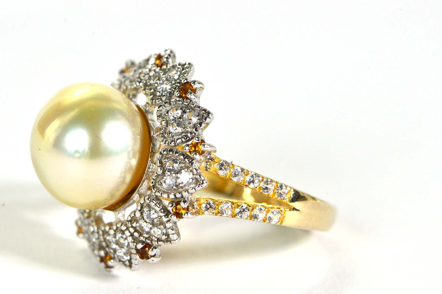 11mm South Sea Golden Pearl Ring: 14K Yellow Gold Vermeil, CZ & Topaz