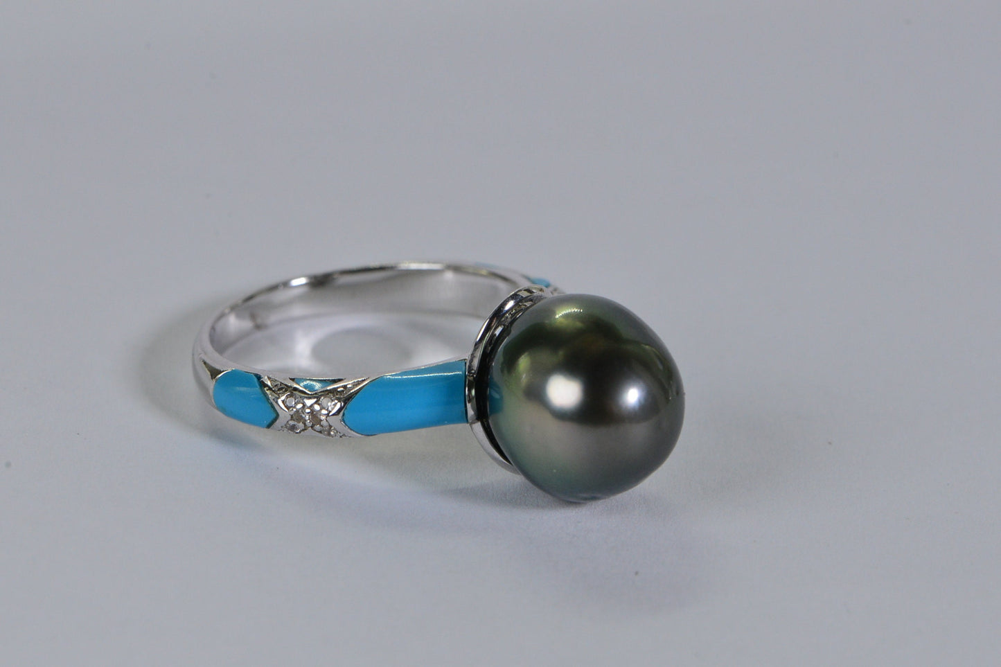 Tahitian Black Pearl Ring: Sleeping Beauty Turquoise Inlay, Sterling Silver
