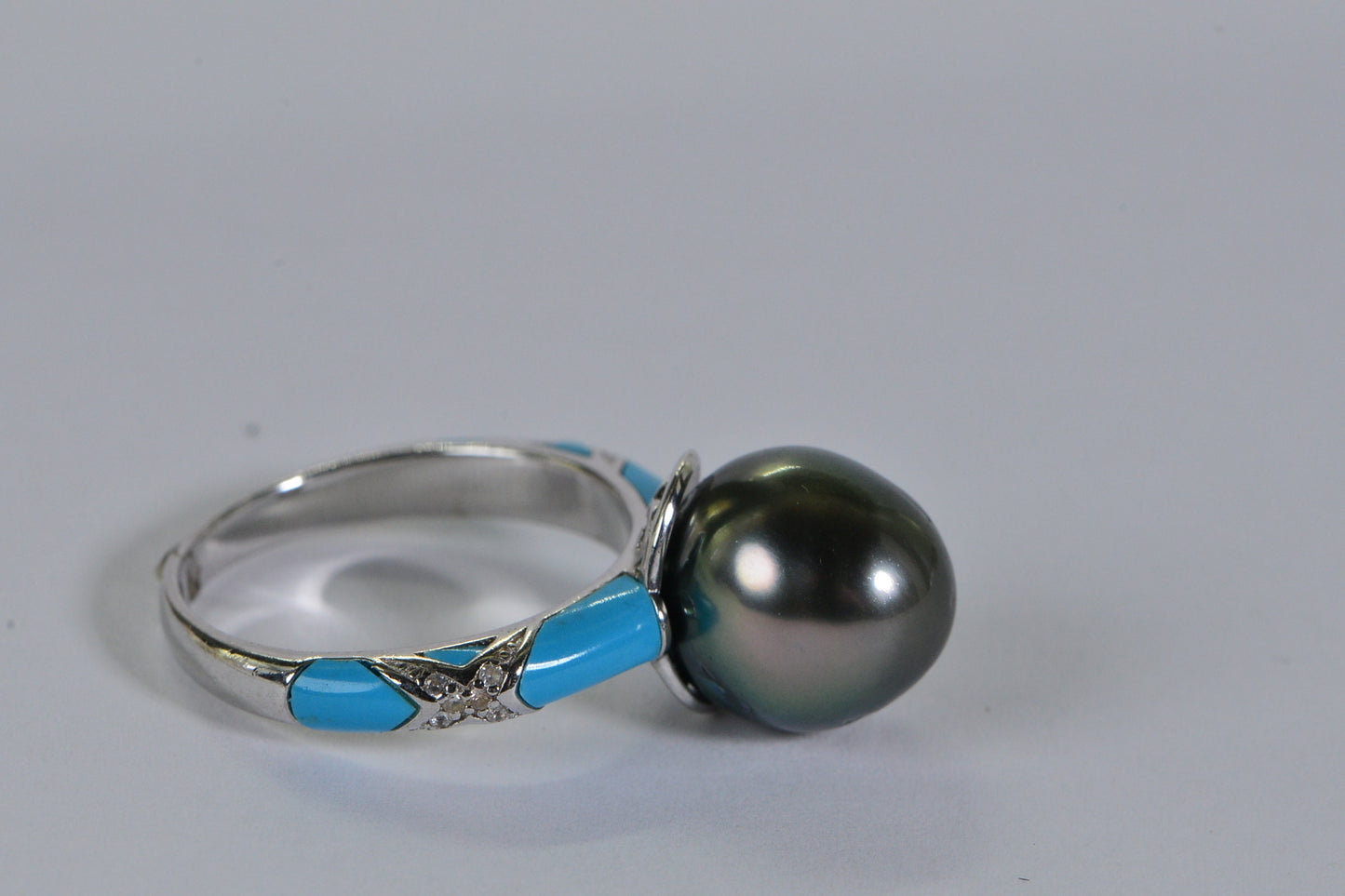 Tahitian Black Pearl Ring: Sleeping Beauty Turquoise Inlay, Sterling Silver