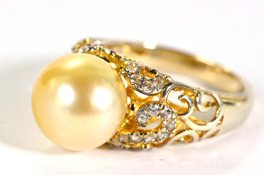 11mm South Sea Golden Pearl Ring: 14K Gold Over Sterling Silver